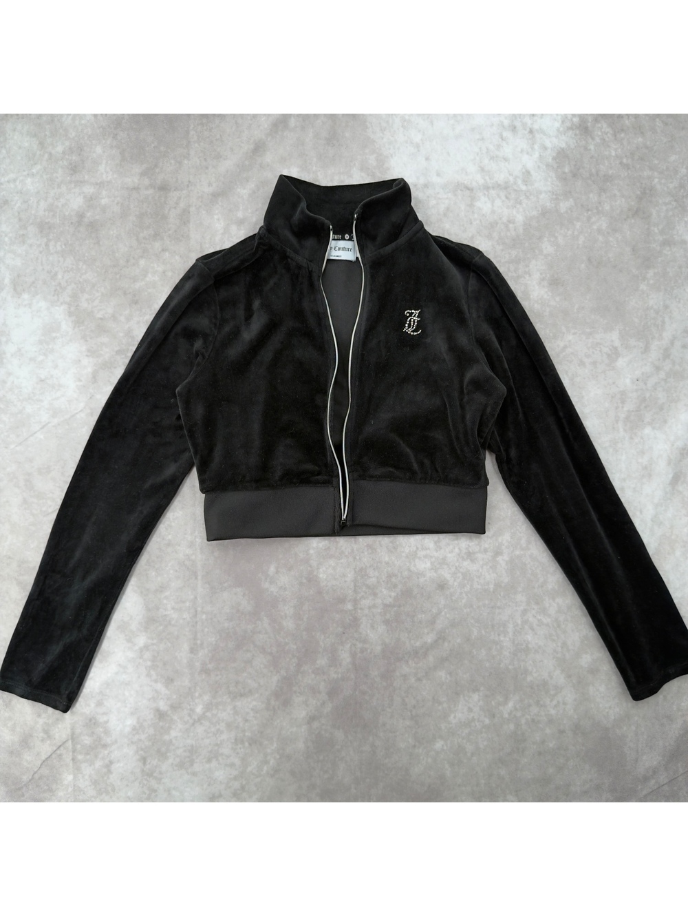 Juicy Couture Black Velour Cropped Track Jacket Rhinestone Small